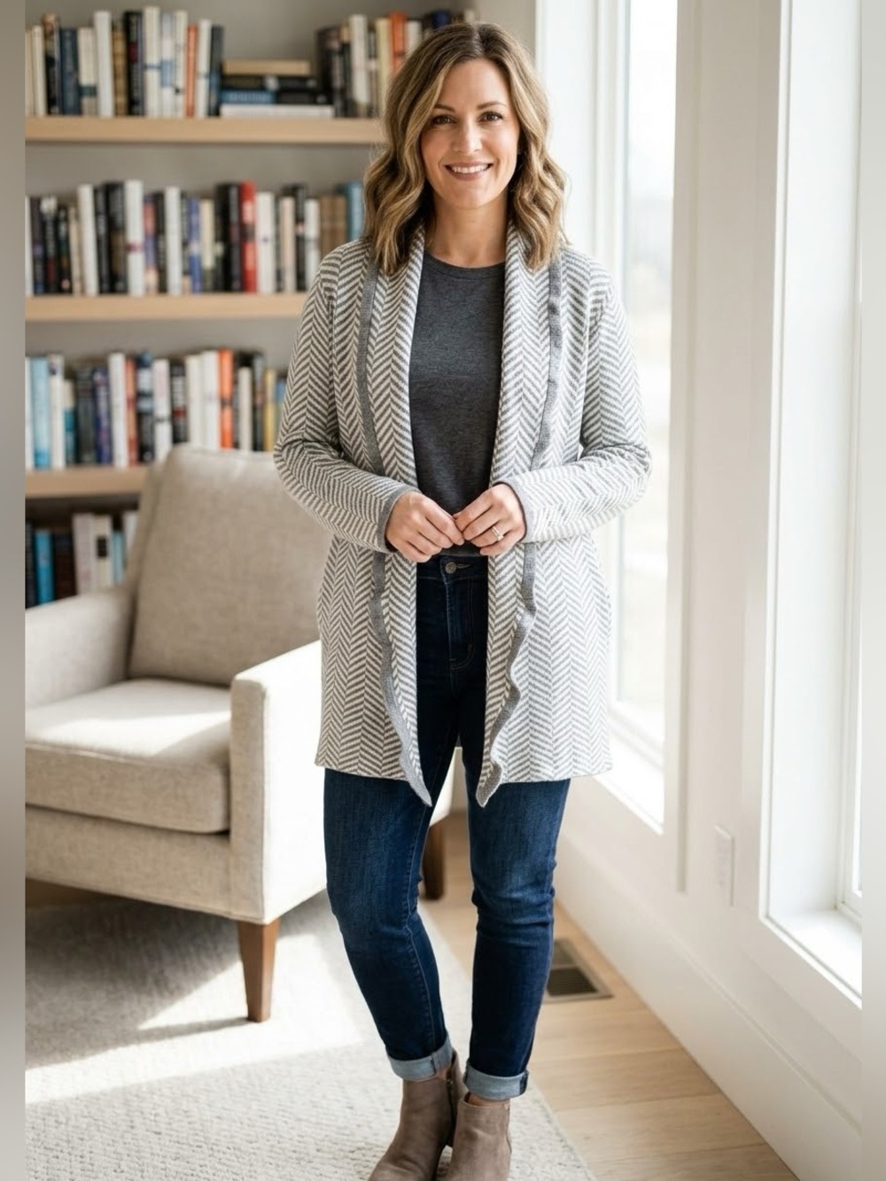 Ann Taylor Chevron Print Wool Blend Open Front Cardigan